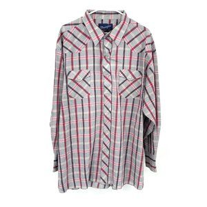 Vintage Wrangler Sz 19-37 Pearl Snap Shirt Long Tails USA Plaid Red Gray‎
